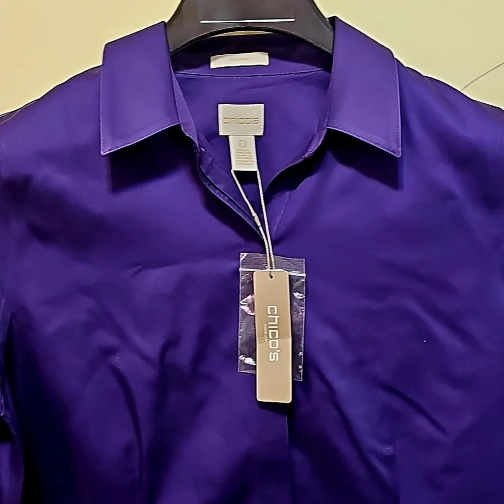 NWT Chico's Deep Purple 3/4 Sleeves Button Up Shirt / Blouse Size 0 / Small - Picture 2 of 7